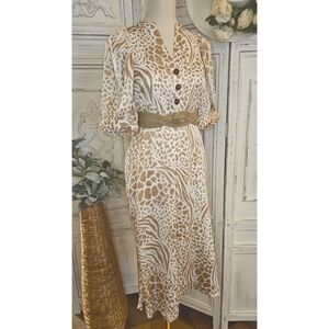 Ann Taylor Tan Satiny White Giraffe Print Puffed Sleeve Midi Shirt Dress